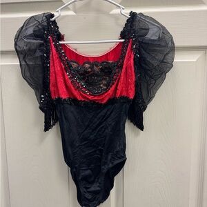 Black & Red Lace Sequin Puff-Sleeve Bodysuit